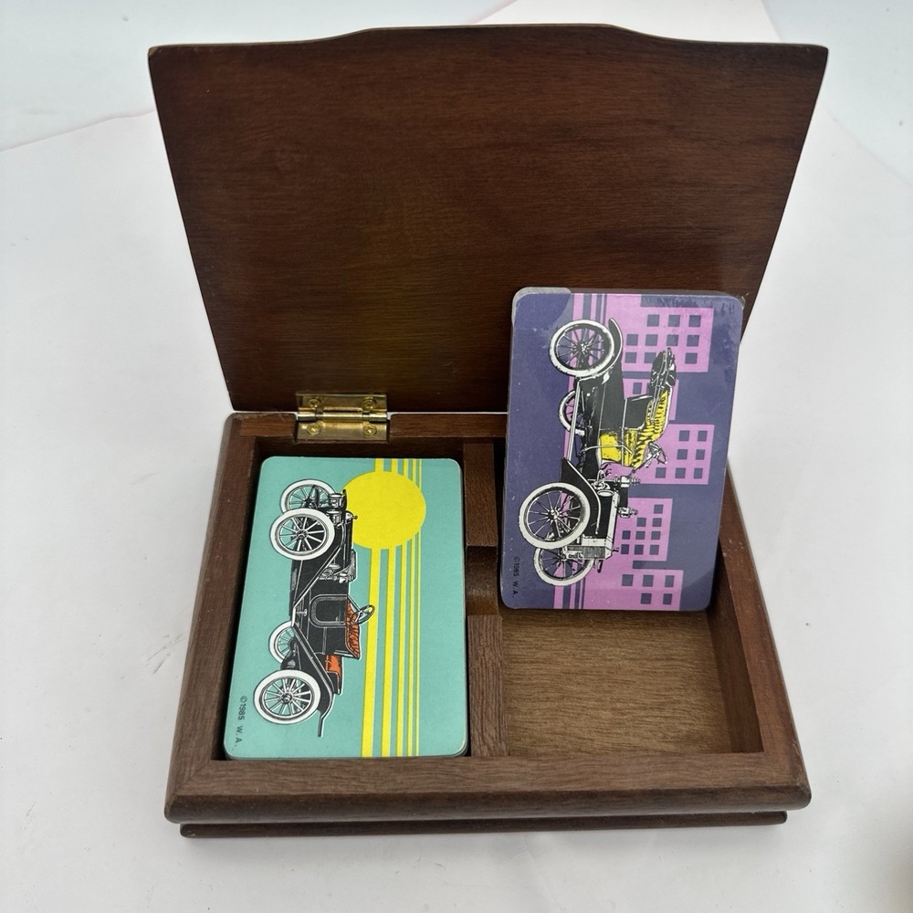 Vintage 1985 Classic Car Playing Card Set With Wood Box 2 Decks-1 Sealed
